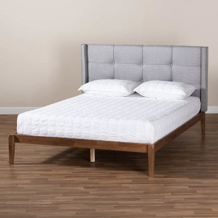 Baxton Studio Edmond Grey Upholstered and Ash Walnut Wood Full Size Platform Bed 164-10665